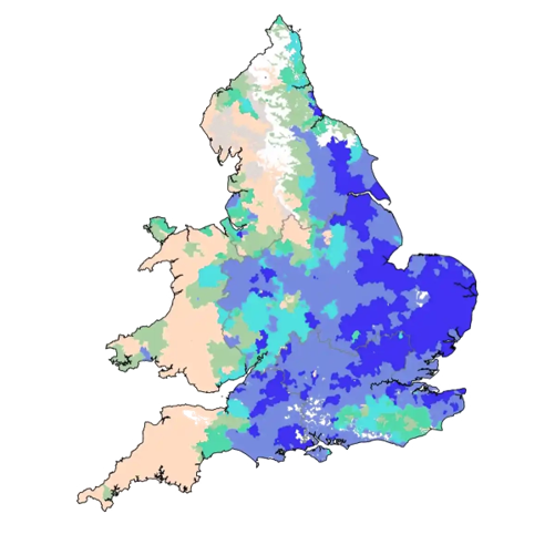 A map showing colours on the uk representing water hardness 